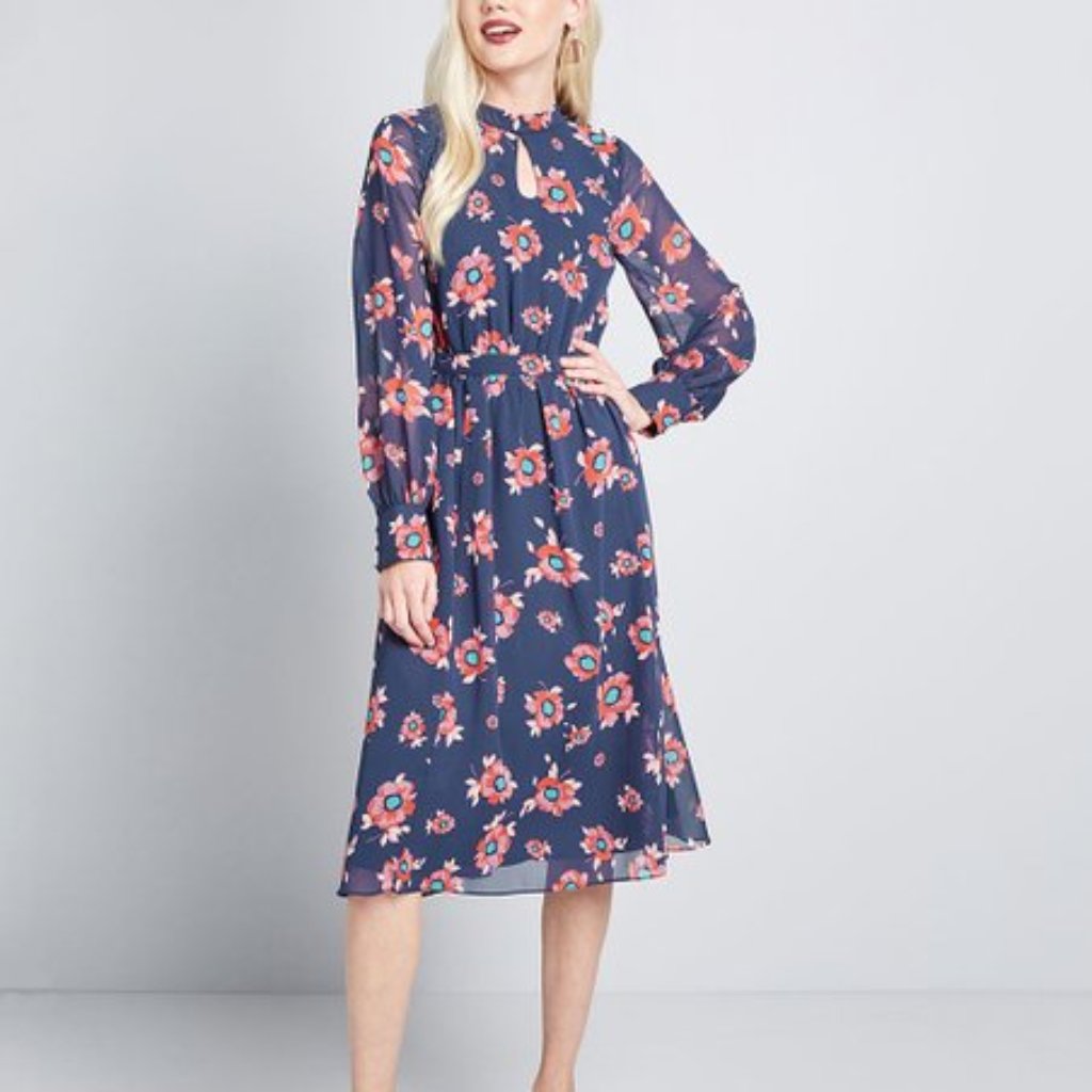 Modcloth Navy Floral Midi Dress With Coral-Pink Blooms